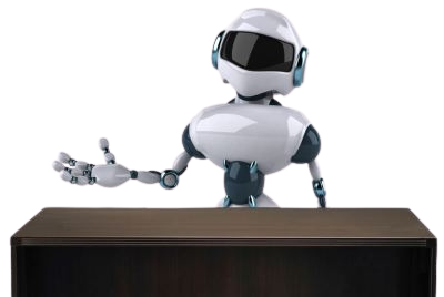 A robot sitting at an office desk